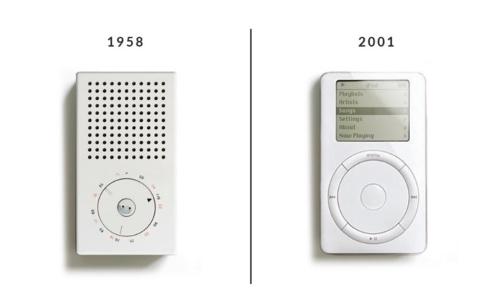 Braun T3 transistor radio side by side with Apple iPod.