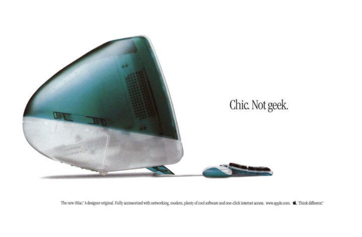 Image of blondi blue iMac from 1998 with the text 'chic not geek' next to it.